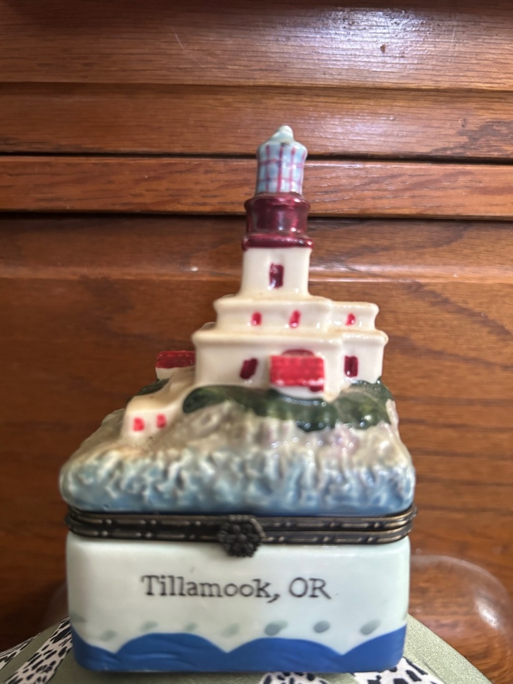 Tillamook Lighthouse Ceramic Trinket Box - White and Red